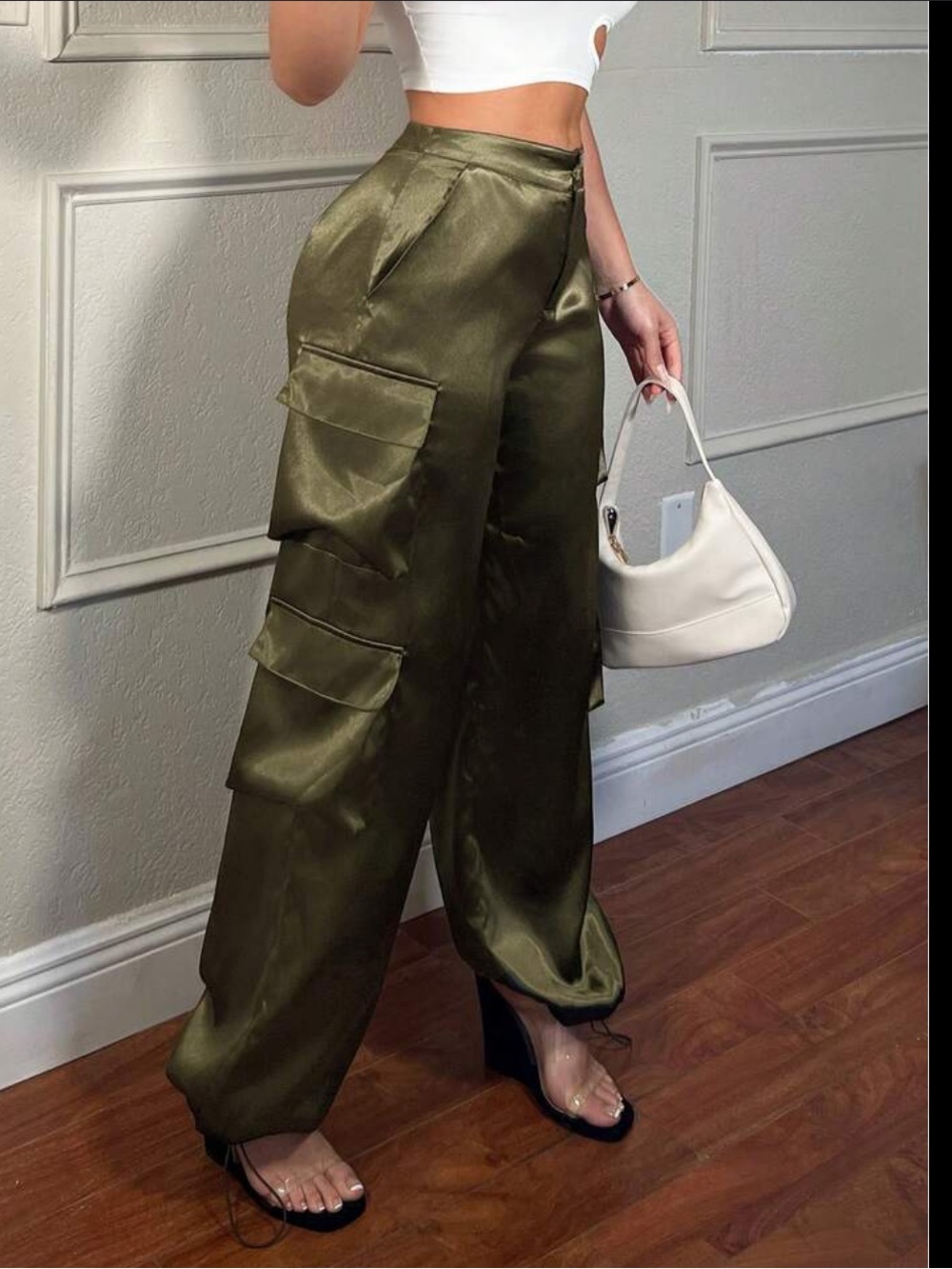SHEIN Olive Satin Wide-Leg Cargo Pants